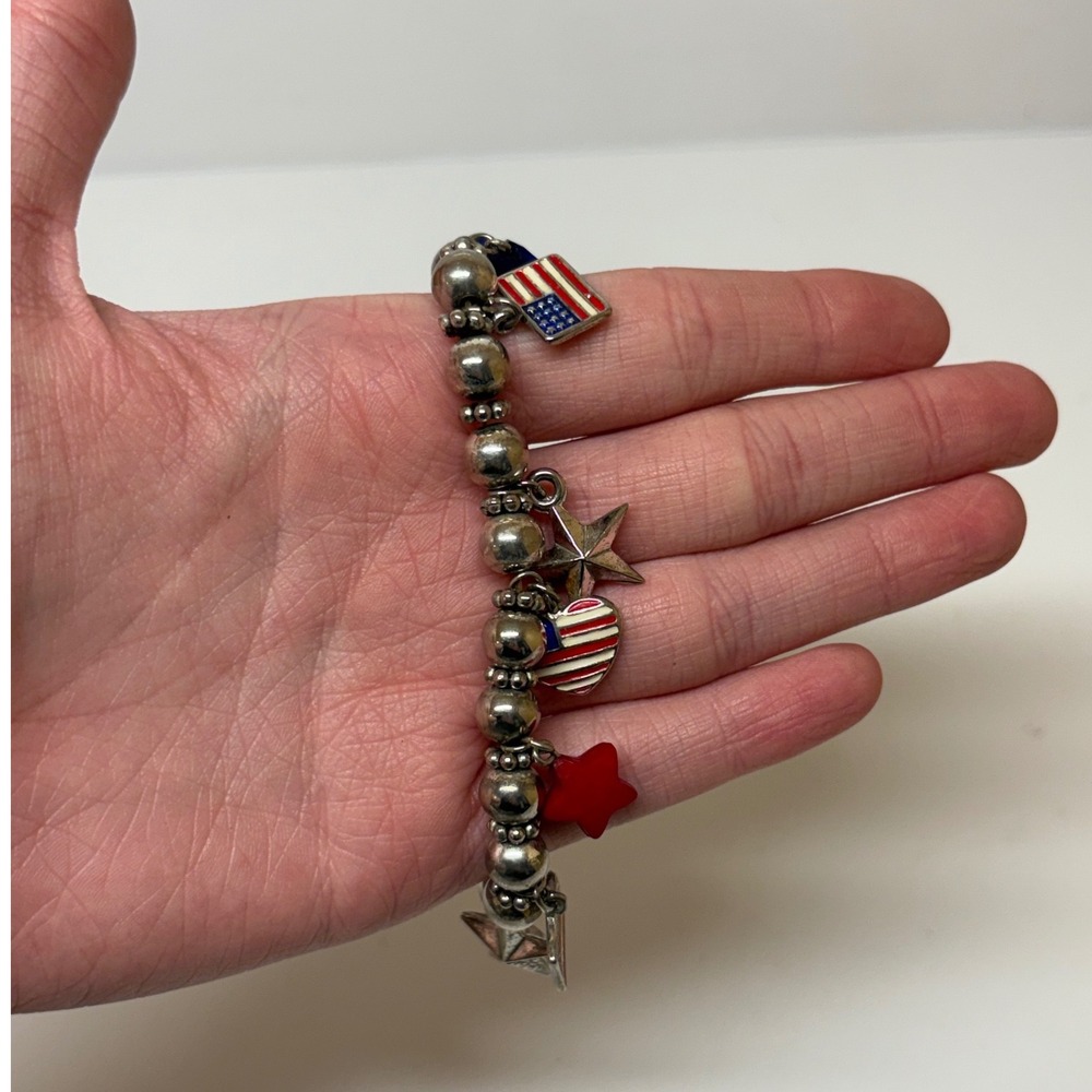 Patriotic American Flag Star Heart Charm Stretch Bracelet Silver Red White Blue
